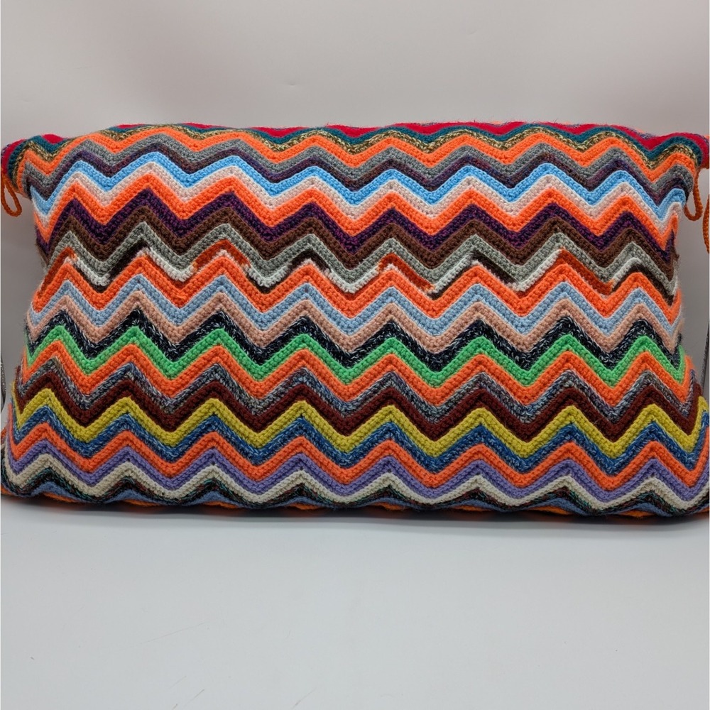 Vintage Handmade Crochet Scrap Yarn Chevron Pillow Multicolor Ripple 27x12"